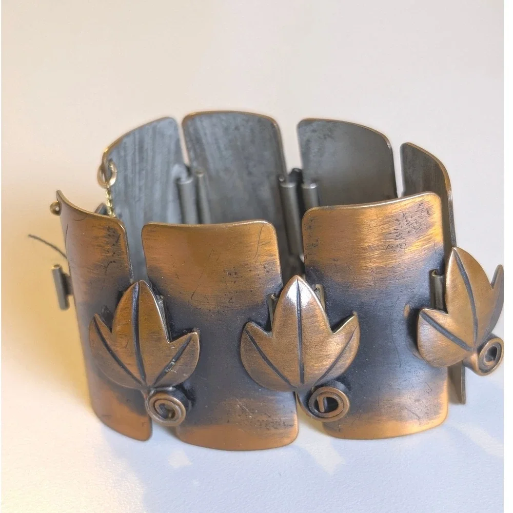 Frank Rebajes Signed Copper Leaf Panel Cuff Bracelet Statement